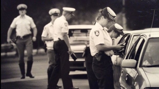 Marina Gyfteas pictured breathalysing drivers on New Year's Eve, 1989.