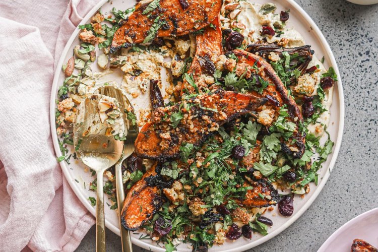 Chermoula roasted sweet potato with falafel crumble and tahini yoghurt.