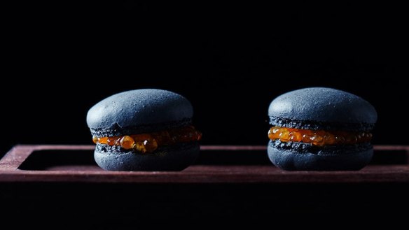 Black garlic macarons with salmon roe are part of the Navi at home package.