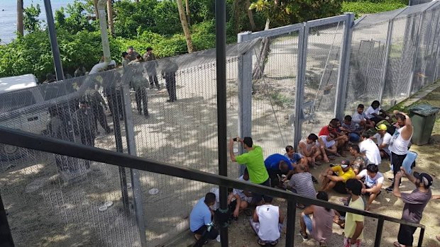 Refugees at the Manus Island regional processing centre protesting earlier this month. 