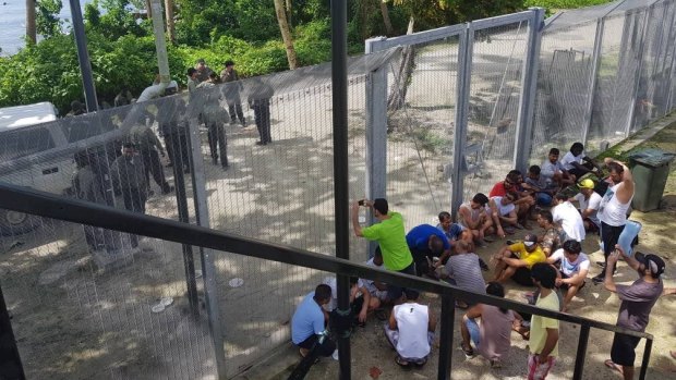 Refugees at the Manus Island regional processing centre protesting earlier this month. 