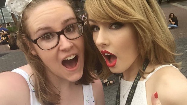 Taylor Swift look-alike Olivia Sturgiss (right) with a fan. 
