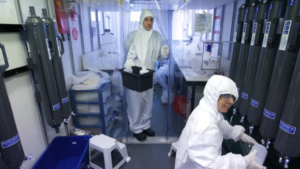 Scientists analyse samples in a laboratory on board the CSIRO-run RV Investigator. 