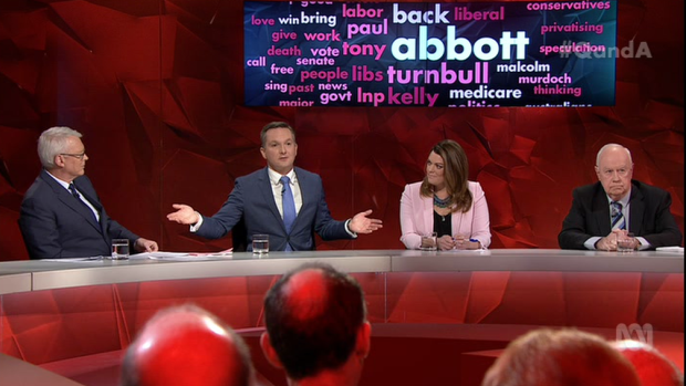 Chris Bowen, second from left, explains to the panel that Labor will not work with the Greens to form government. 