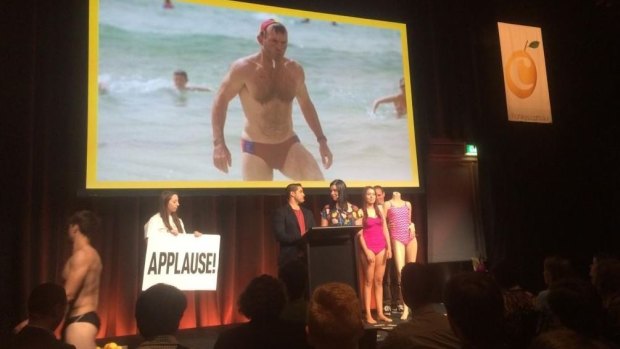 "UnAustralian": a cozzie that turns see-through when wet is lampooned at the presentation.