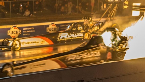 Cory McClenathan's spectacular firey victory in the top fuel final at the Fuchs Winternationals at Willowbank. 