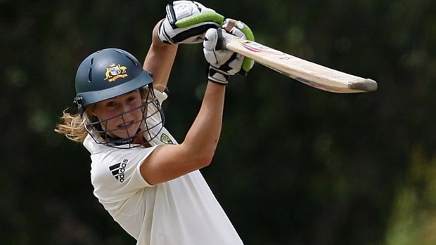 Ellyse Perry plays a shot during her first Test between Australia and England in 2008 in Bowral.