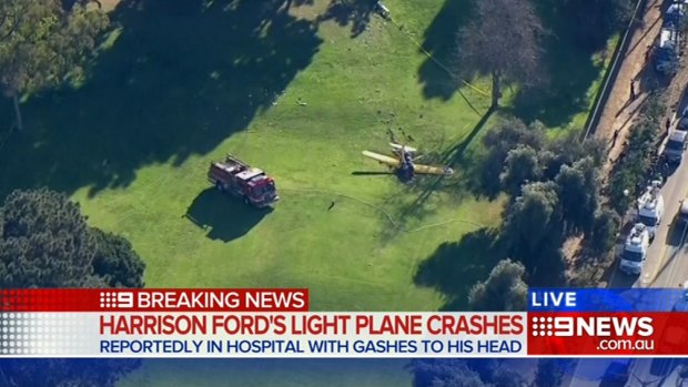 Aerial shots of the plane crash involving Harrison Ford. 