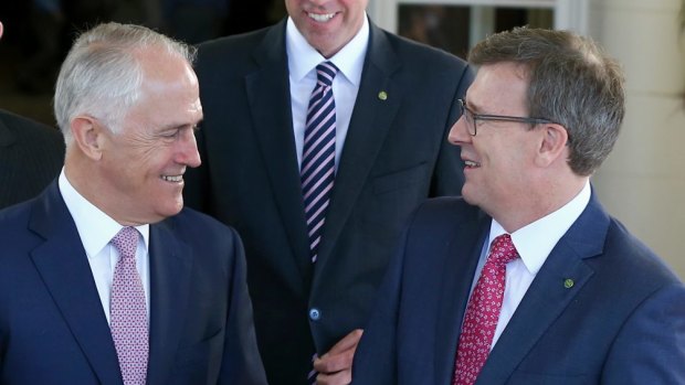 Malcolm Turnbull and Alan Tudge after the swearing-in ceremony for members of the new Turnbull ministry at Government House last month. 