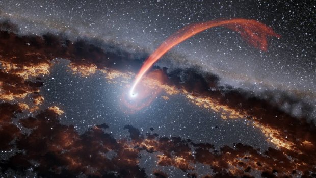 This illustration shows a glowing stream of material from a star, disrupted as it was being devoured by a supermassive blac khole. 