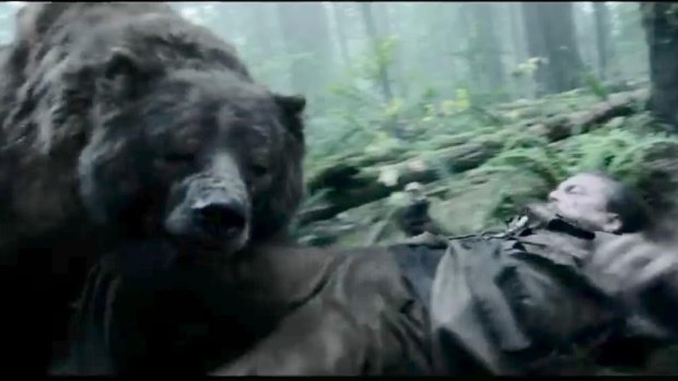 Still from The Revenant showing a bear attacking Hugh Glass (Leonaro di Caprio).