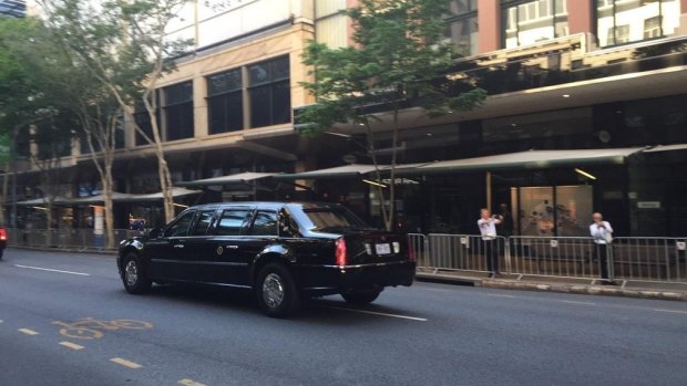 The Beast travels down Adelaide Street in the Brisbane CBD, when Barack Obama was president, in 2014. 