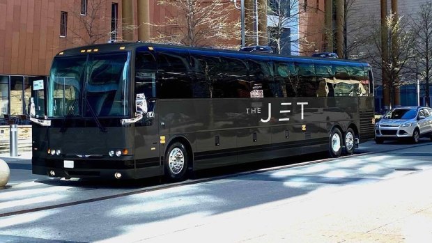 The Jet's buses are swanky 45-foot (14 metre) matte-charcoal behemoths.