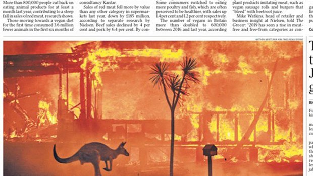 The front page of The Times newspaper in Britain featuring a kangaroo and burning house.