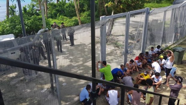 Refugees at the Manus Island regional processing centre protesting earlier this month. 