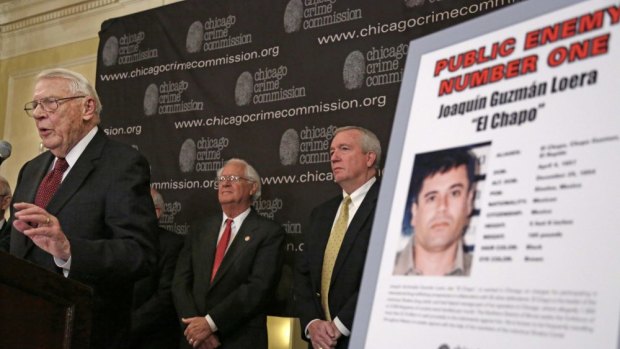 Art Bilek, left, of the Chicago Crime Commission, announces  in 2013 that Joaquin "El Chapo'' Guzman, the head of Mexico's Sinaloa Cartel, has been named Chicago's Public Enemy No. 1.