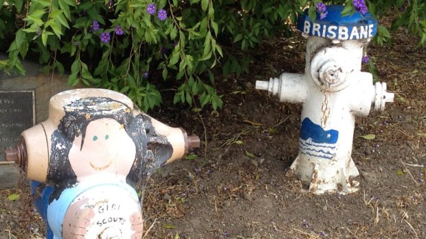 The fire hydrants in Brisbane, California, are painted in a community art project reminiscent of the traffic signal boxes in Brisbane, Queensland. 