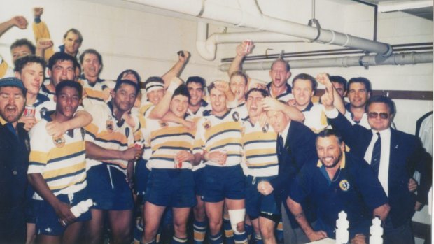 The ACT Kookaburras celebrate their famous win over NSW in 1994.