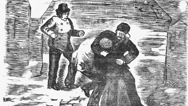 This image, from an 1877 image of newspaper The Citizen, depicts an assault and highway robbery/