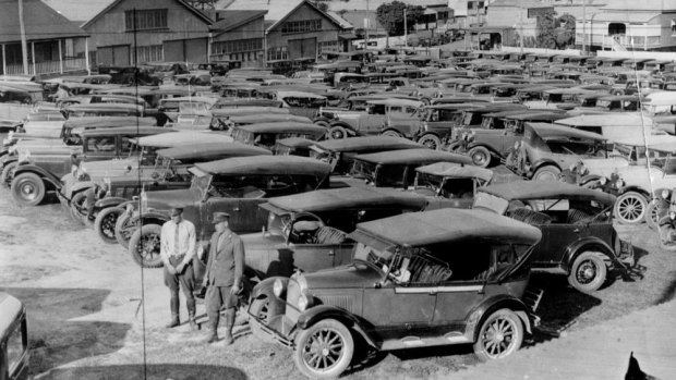 R.A.C.Q. parking lot in Fortitude Valley during the Brisbane Exhibition, ca. 1927.