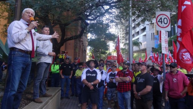 MP Bob Katter talks at a CFMEU rally in Brisbane in May.