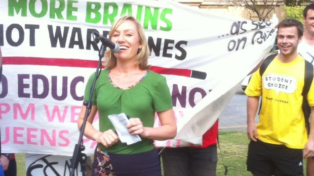 Greens Senator Larissa Waters addresses students in Brisbane's Queens Park.
