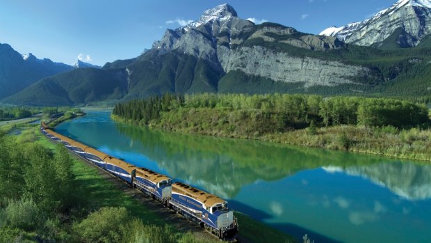 Rocky Mountaineer train near Exshaw in Kananaskis Country, Alberta, Canada.