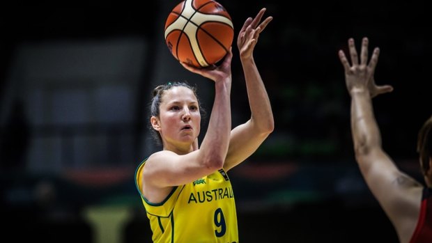 Opals star and Asia Cup MVP Kelsey Griffin shoots during the gold medal game against Japan.