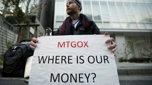 Mt. Gox customer Kolin Burges protests outside the company's headquarters in Tokyo.