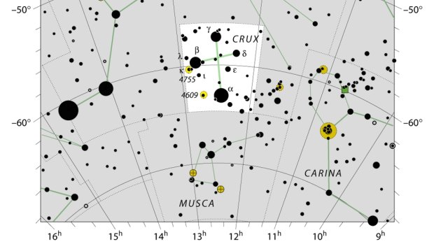 The constellation Crux, also known as the Southern Cross. Epsilon, now known as Ginan, is marked with an E. 