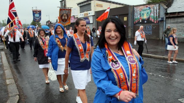 Loyalists of the Orange Order march past the Ardoyne area of north Belfast at the weekend.