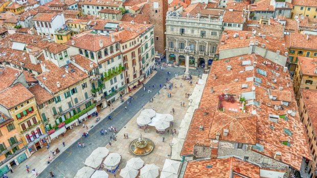 View over Piazza delle Erbe (market square) in Verona, Italy.
