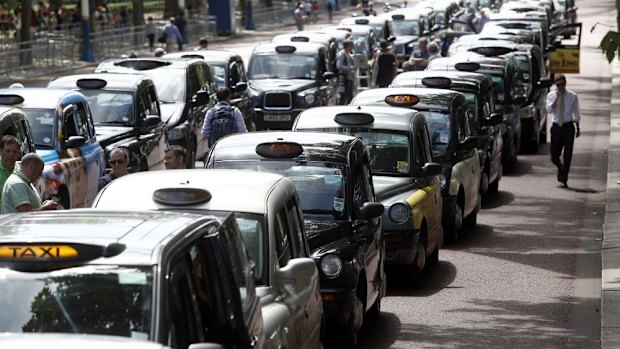 London taxi cabs parked in protest against Uber. 