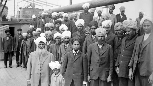 Denied entry: Sikhs aboard Komagata Maru in English Bay, Vancouver, British Columbia, Canada, 1914.