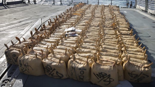 The frigate relieved drug smugglers of more than six tonnes of hash.