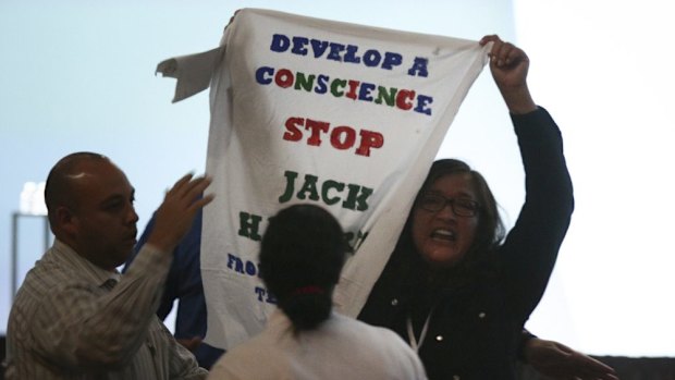 A protester complains about a Google employee forcing her to be evicted from her home.