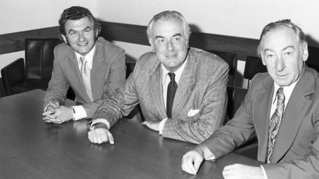 Bob Hawke, Gough Whitlam and Lionel Murphy in 1974.
