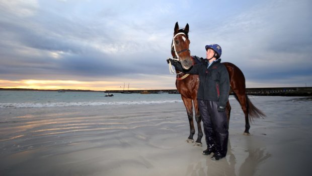 Brierly Steeple hope: Cats Fun, with strapper Kirsty McMahon, at  Warrnambool beach. 