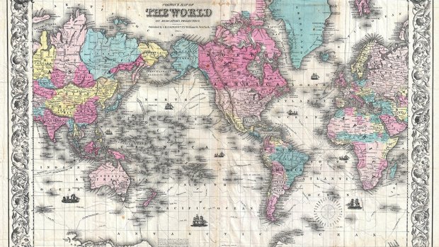 Colton's 1852 map of the world uses the Mercator projection, cutting off the highly distorted poles. Printed for J &amp; H Miller, Columbus, Ohio.