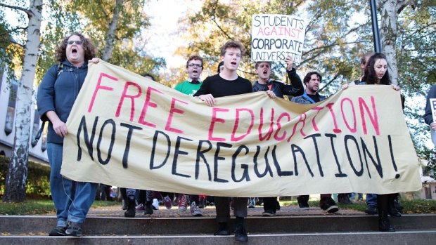 Students protest at the ANU in May. Vice-Chancellor Ian Young says the question for those who oppose  reform  is what they would do instead?