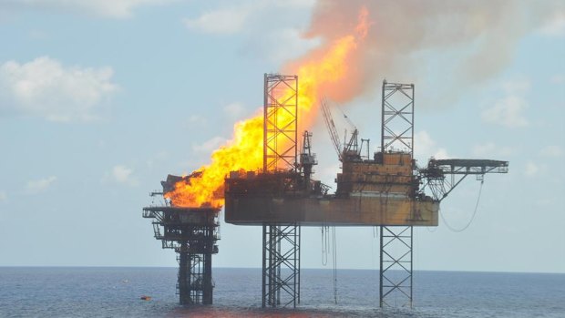 A wellhead platform on fire in the Montara oil field on  November 2, 2009. 