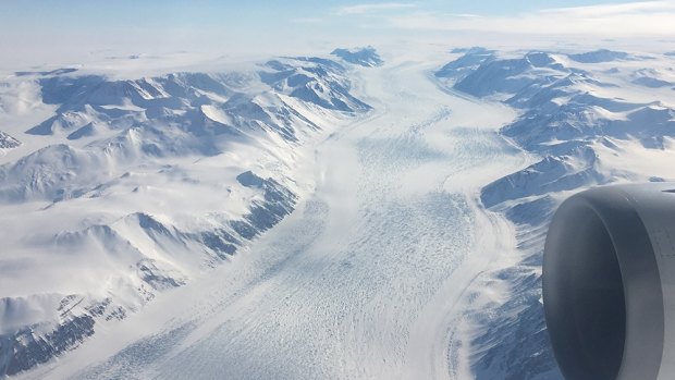 A glacier cutting a path across Antarctica.