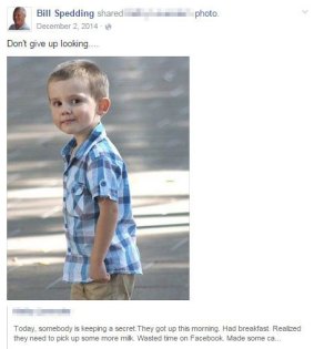 A Facebook post from William Harrie Spedding on missing toddler William Tyrell. 