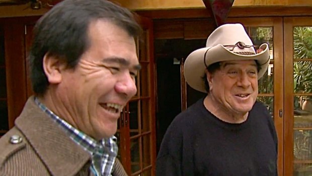 Arif Fayarzi with Molly Meldrum in <i>Freedom Stories</i>. One of Arif's first jobs in Australia was tiling the swimming pool at Meldrum's house.