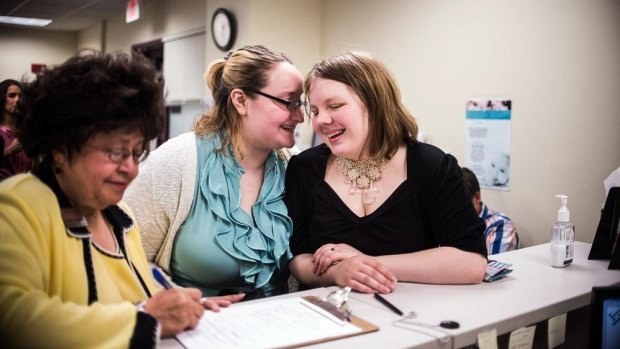 Lori Hazelton and Stephanie Ward are the first same-sex couple to receive their marriage license in Muskegon, Michigan.