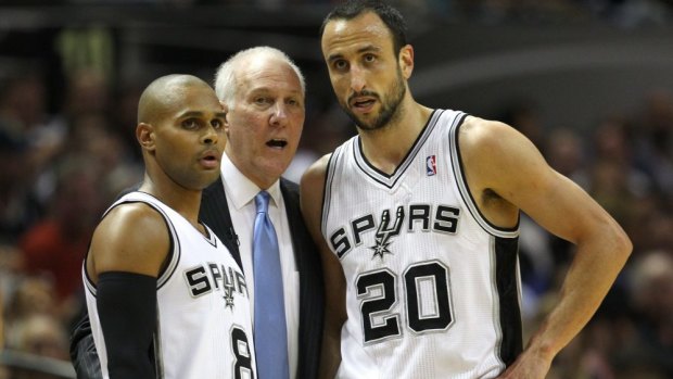 Super subs: Patty Mills and Manu Ginobili with Spurs coach Gregg Popovich.