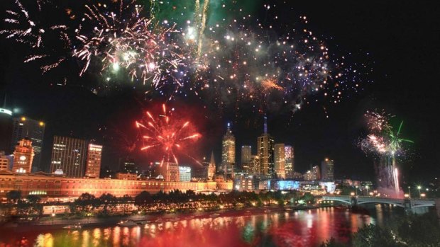 Fireworks over Melbourne CBD on New Years Eve.