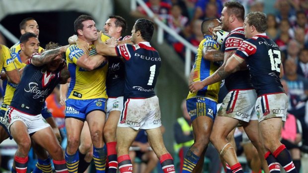 The aftermath: Lussick's hit on Waerea-Hargreaves sparked an altercation. 