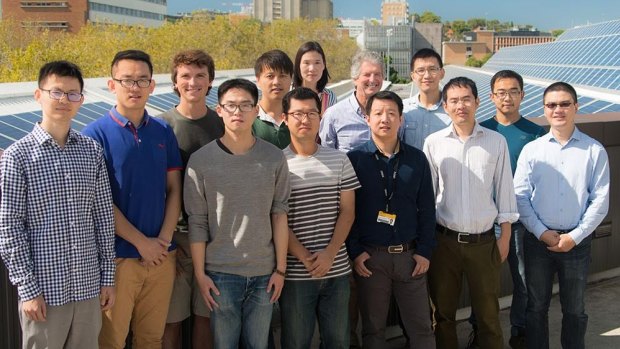 Solar whizzes: Dr Hao (at rear) with Dr Martin Green and solar cell researchers at UNSW.