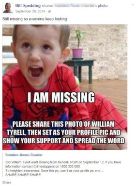 A Facebook post from William Spedding on missing toddler William Tyrell. 